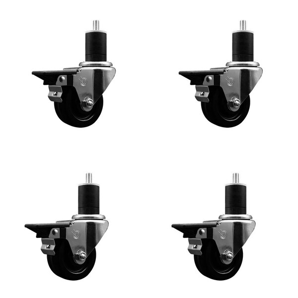 3'' Phenolic Swivel 1-3/4'' Expanding Stem Caster Set with Brake, 4PK